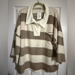 BUCKET LIST taupe/cream rugby stripe 3/4 sleeve  top-Size S-fleecy exterior-NWT